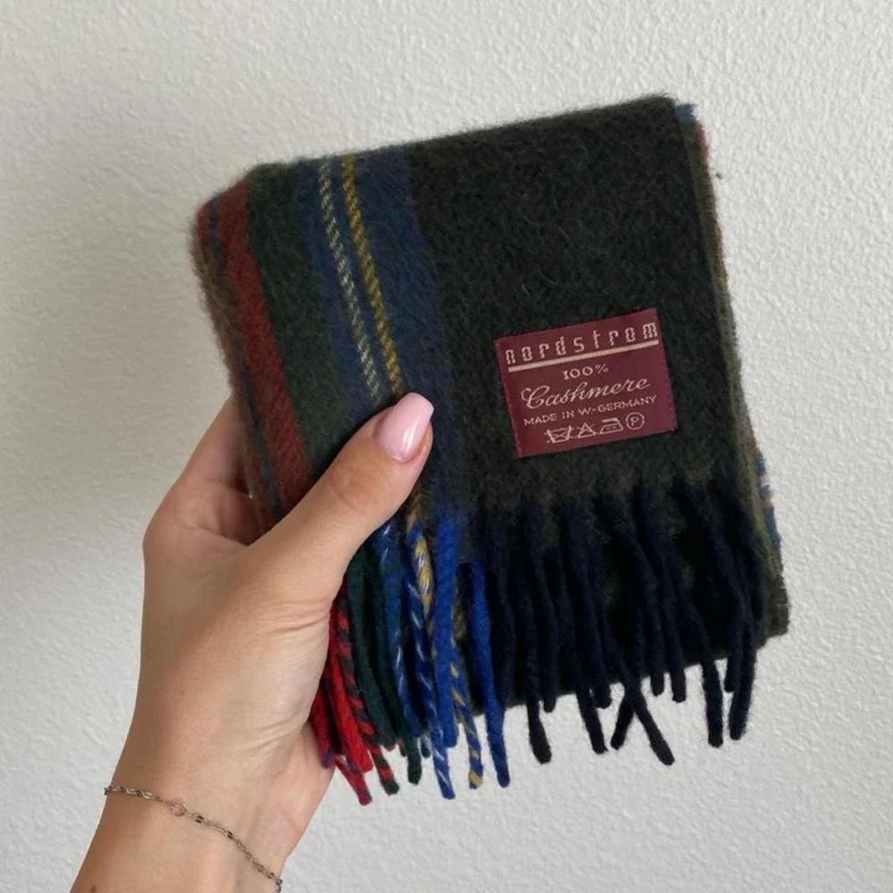 Vintage Nordstrom Cashmere Green and Red Fringe Plaid Scarf Made in Germany